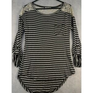 Paper + Tee Medium Gray Ivory Striped Lace Yoke Top Roll Tab Sleeves